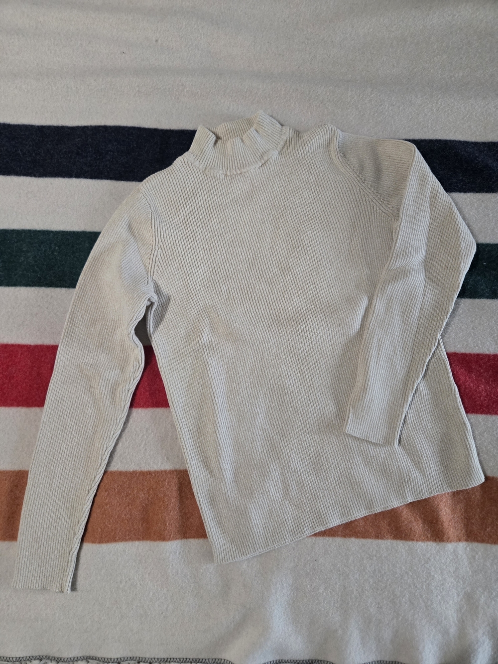 100% Cotton Cream Ribbed Mock Neck Sweater - Women